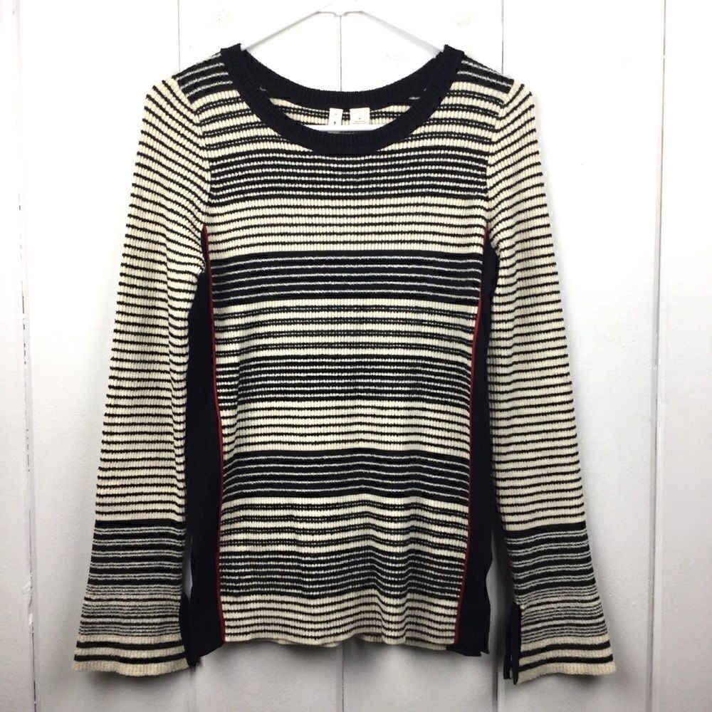 Moth (Anthro) Black Cream Stripe Bell Sleeve Top M‎